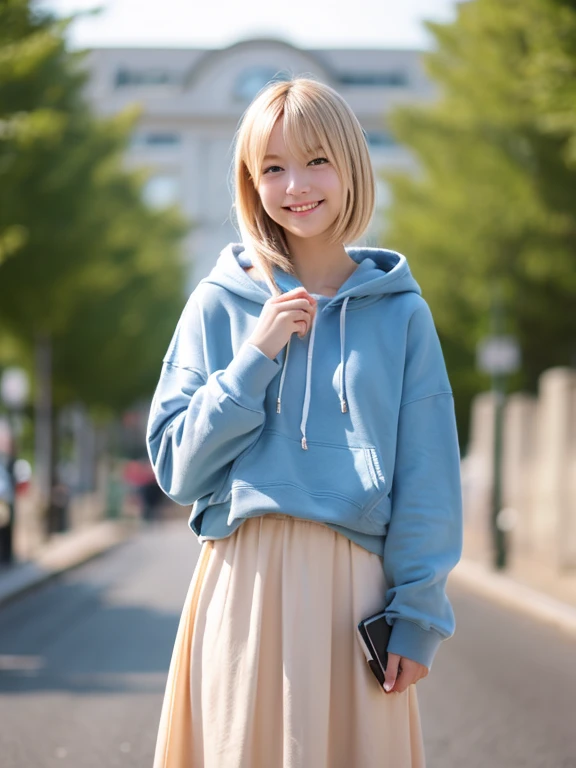 highest quality, subject(girl, alone，whole body),berry shortcut， Fair skin,blonde，cutest japanese，perfect face, (skin dents), Casual Long Skirt, oversized hoodie, petite, smile gently，double eyelid，university student，20-year-old，blush, おとなしいgirl，Neat and clean fashion，Serious honor student，best style