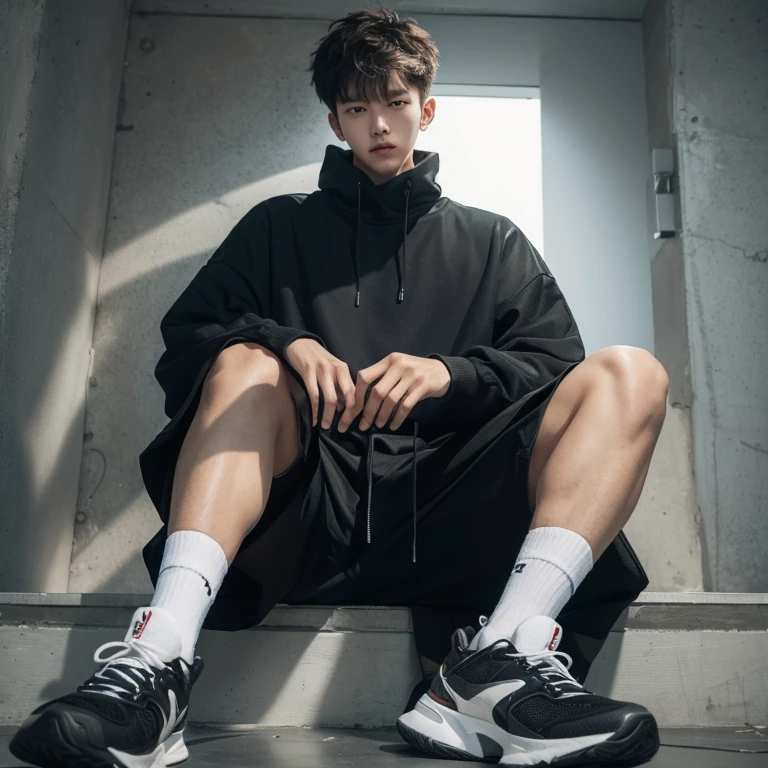 1 Korean Youth,male,20 years old,High,Height 180 cm,Hair of medium length,Black sweatshirt,Black trousers and white high-top basketball shoes,White sport socks,Sitting stepdaughter anime 4k ,POV perspective,proudly,cold,looking at camera,