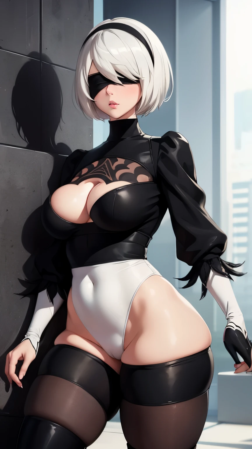 1 girl , 2b nier automata, sexy, voluptuous, short white hair, black leggings, black top, beautiful face, beautiful legs, pinkish white skin, blushing, black blindfold, big breasts, big ass,