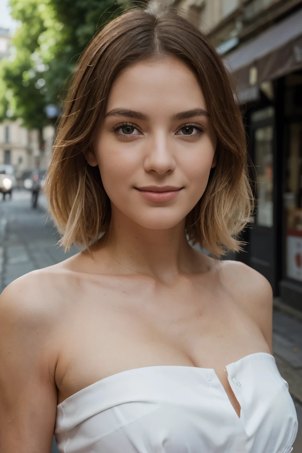 Photographie de 1 superbe jeune femme blanche aux cheveux bruns longs ,en France dans les rues de Paris. Photo Portrait, Souriant, regarder la caméra , éclairage spectaculaire, magnifique, (clivage profond), séance photo, occidental, meilleure qualité, haute résolution, fond extrêmement détaillé, peau avec pores, éclairage cinématographique terminé