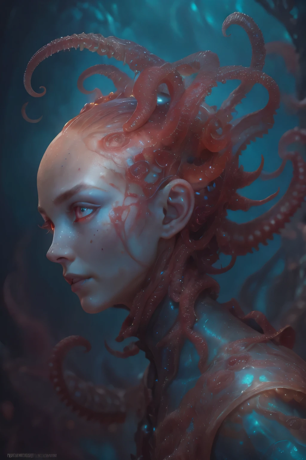 Portrait, (beautiful female alien:1.2), (she has red eyes with no pupils:1.8), (Translucent skin:1.7), (There is a female genital-like organ in the middle of the forehead:1.9), (The most beautiful face in the history of the universe:1.2),an evil gaze that seduces, (large mouth:1.1), (sharp teeth like a vampire:1.2), Full body portrait, (bio luminescent:1.5), (Smile wickedly:1.3), (sexypose:1.5), alien, No humans, cells are fused, (Lots of translucent tentacles:1.3) extraterrestrial, cell, bio image, best quality, 8K,In 4K_quality, High freshness, Dramatic Lighting, masutepiece:1.5,cinematic quality, detail up, (exquisite details:1.2), high resolution, High freshness, drawing faithfully, (Thick eyebrows:1.2), Beautiful eyes with fine symmetry,(Highly detailed face and eyes:1.2), Intimate face, (Super detailed skin quality feeling:1.4), perfect anatomy, (Beautiful toned body:1.5), (Moist skin:1.2), not wearing makeup, (dark circles:1.1), long canines, cinematic drawing of characters, ultra high quality model, cinematic quality, detail up, (exquisite details:1.2), high resolution, High freshness, drawing faithfully, official art, Unity 8K Wall , 8K Portrait, best quality, Very high resolution, ultra detailed artistic photography, midnight aura, unreal engine 5, Ultra Sharp Focus, art by alberto seveso, ArtGerm, Roisch, intricate artwork, best quality, masterpiece, ultra high resolution, (photos realistic:1.4), ultra realistic realism, dream-like, nautilus, Creation of fantasy, Snail, Dream Snail, (biopunk nautilus:1.3),Thrilling color schemes, ultra realistic realism, seductively smiling, Blue tentacles,