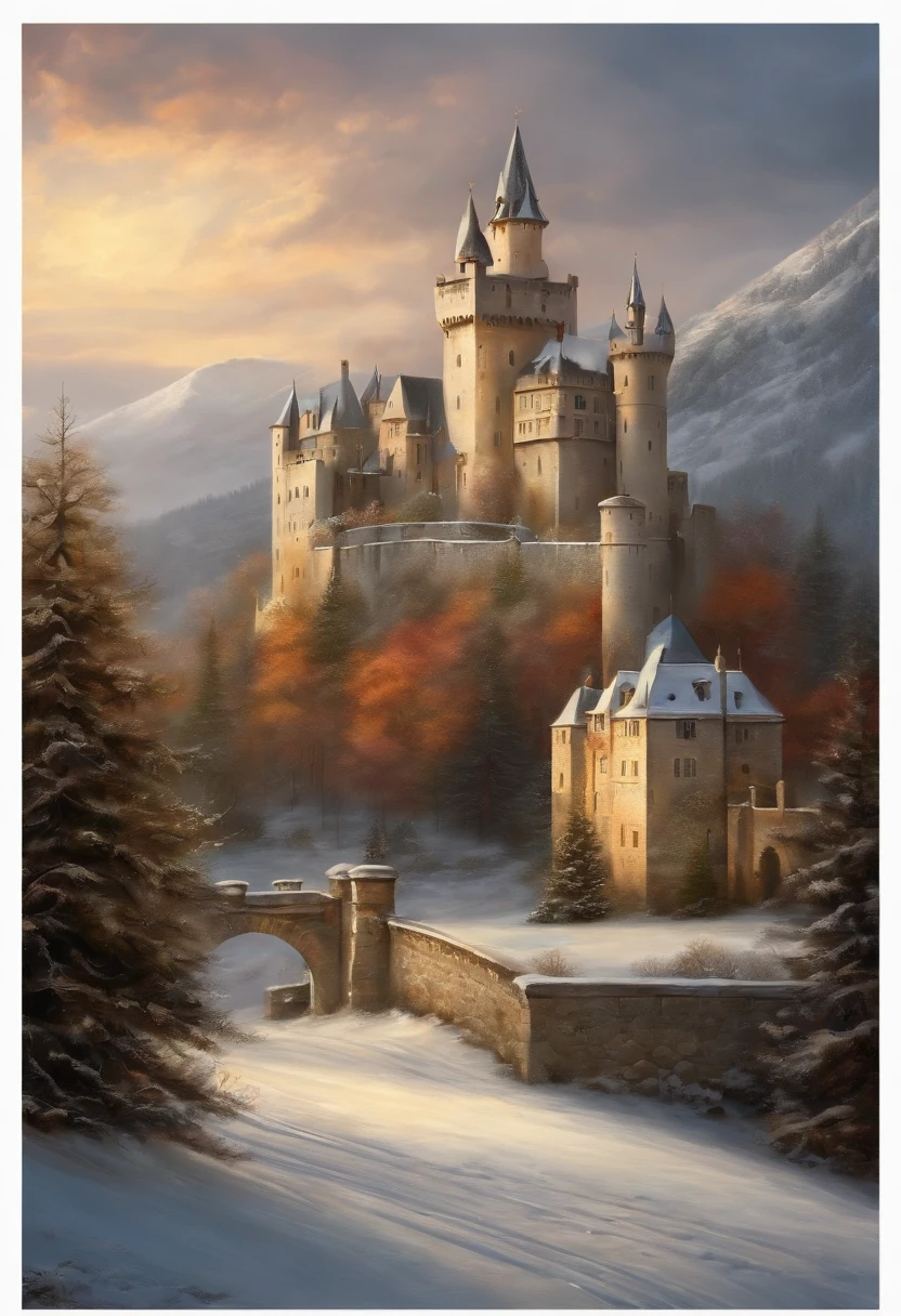A painting depicting a romantic castle, a winter landscape, a charming digital painting,