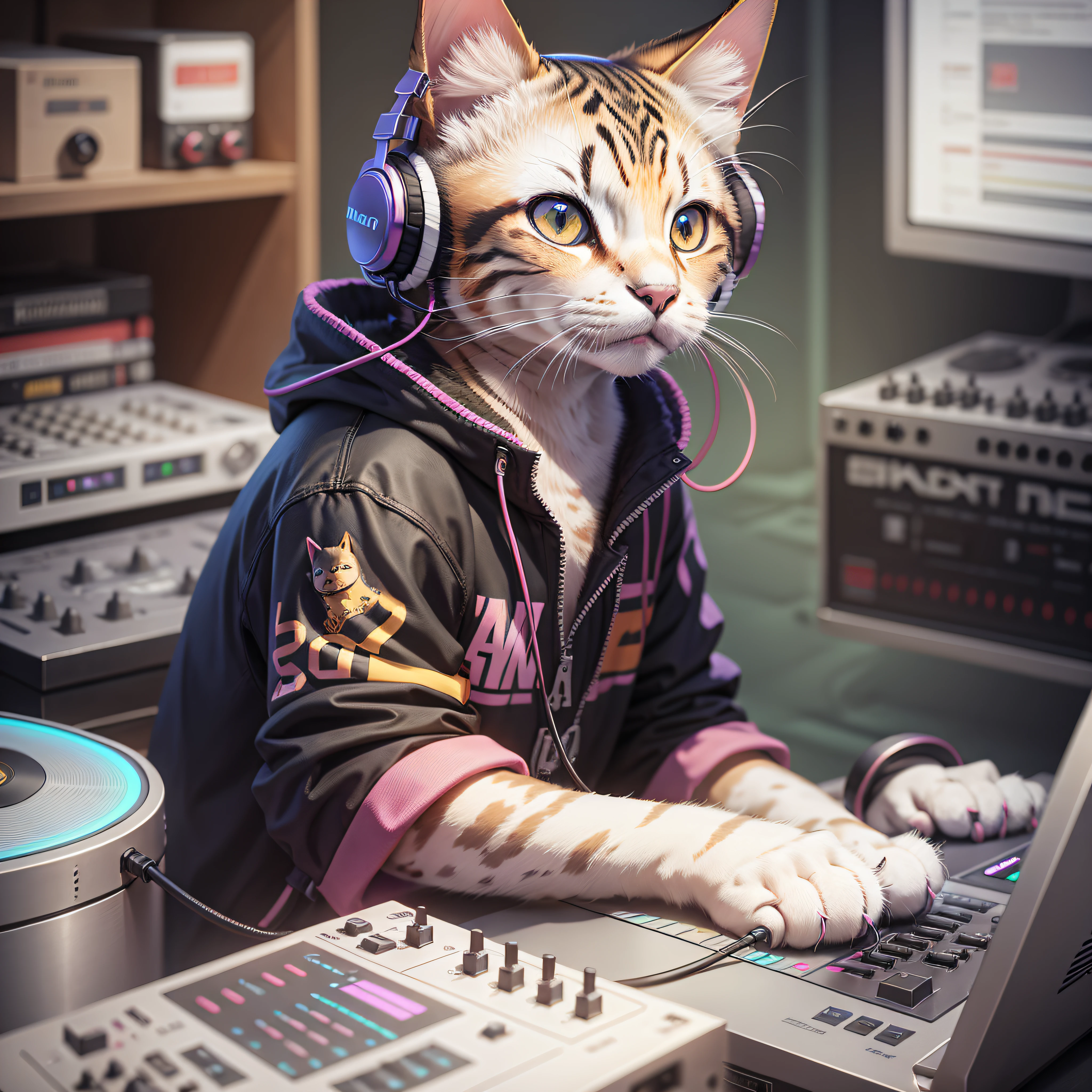 DJ feline cat, Jouer de la musique, casque