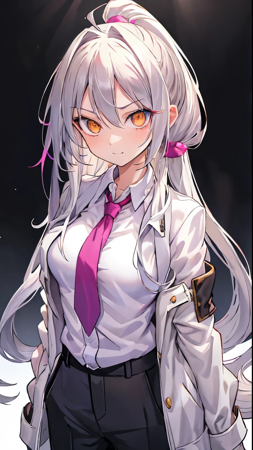 1girl, {solo}, upper body ,{{ {looking at viewer}}},{{{golden pupil}}}, arm at side, concept art, white background, simple background, white hair, silver gradiient hair , gold eye,complex cloth, asymmetrical clothes, virtual youtuber, best quality, masterpiece, dynamic angle, disgaea style, disgaea style, disgaea style, from above, leaning forward, high ponytail, cowboy_shot, looking_back, grabbing, girl,woman,female, young,20 years old, very long hair, flipped hair, silver hair, flowing hair, ahoge, smirk, beautiful and delicate golden eyes, teeth, medium_breasts, blonde eyes, grey Clothes, grey coat, whiteshirt, black trousers, open jacket, black Clothes,transparent_background, backlighting, absurdres, highres, ultra detailed,