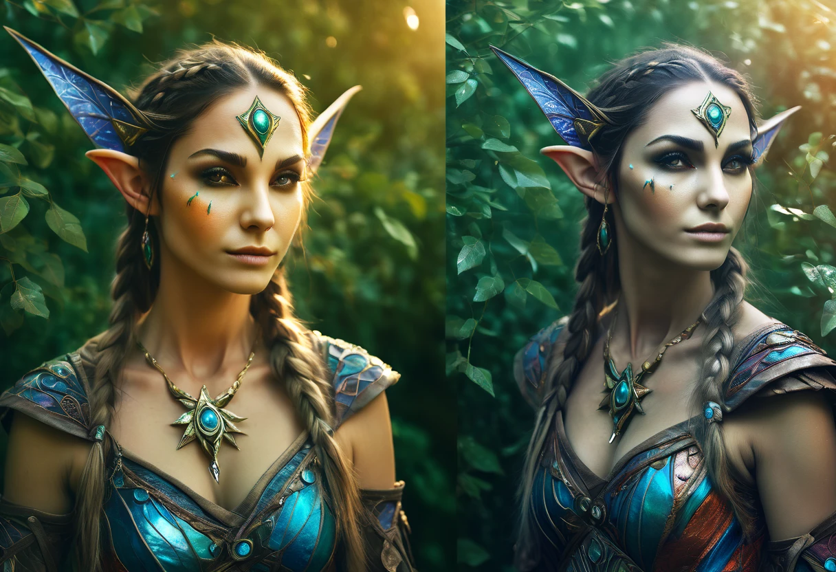 Marija. elf full body portraits, fantasy art, detailed features, vibrant colors, magical lighting, three side view, 1 side potrait,2 side close, 3 side in the batlle, photo collage) film grain, detailed pores and wrinkles on the skin film grain, detailed pores and wrinkles on the skin, detailed elf village in backfround, full of stars sky, zentangle costume style, facing camera,