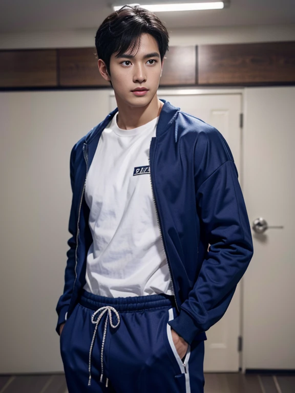 highest quality、masterpiece、A high resolution、hyperrealism、((Full Body Shot))、detailed face、solo、1people's men、black hair、glowing skin、dense skin、(Asian)、日本people's men、((((beardless face))))、(High resolution、super detailed)、1 male、(20 year old male)、Handsome、Plain face、Salt face、tall man、short hair、Bangs should be pulled down、Face-length contours、Soft cheeks、Black eyebrows、Fair skin、 CG Unity 8K、intricate details、detailed background、detailed face、Handsome、cool look、wearing purple tracksuit、mens short bottoms、thin body hair、During dance practice、practice room、Idol trainee、Dancing、sweaty skin