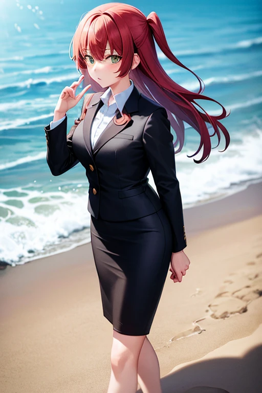 1girl, ikuyo kita, beach background, beach, suit, office lady, black skirt, black blazer, pencil skirt, skirt suit, medium length skirt, white shirt, collared shirt, long hair, teenager, looking at viewer, full body