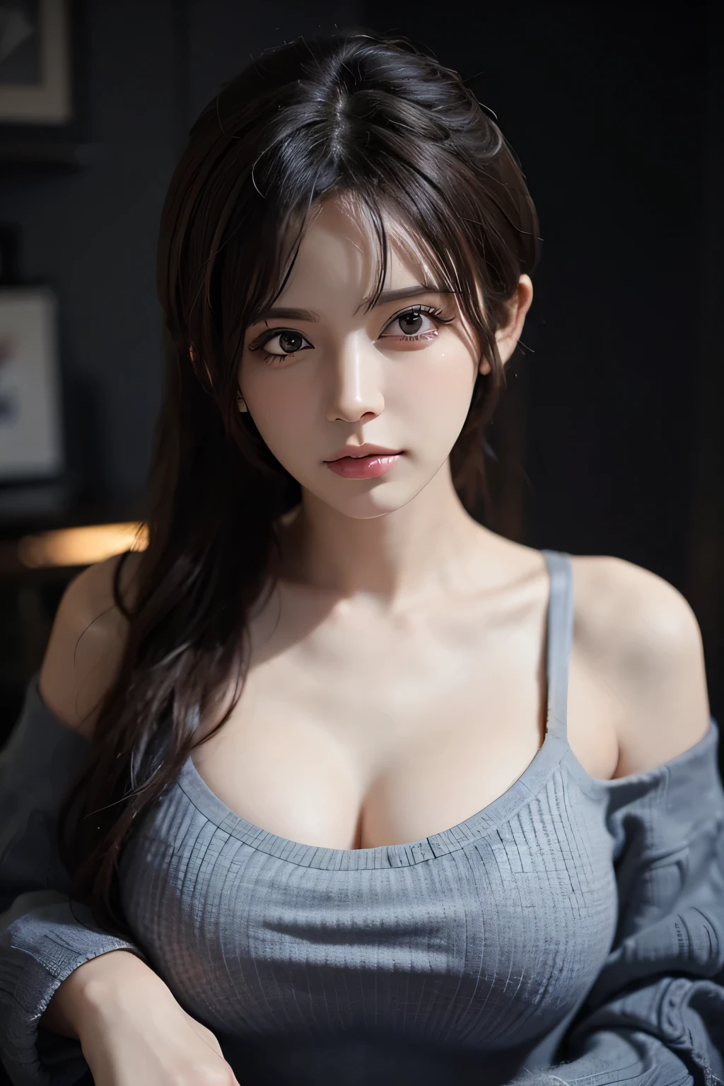 fantasy art, photorealism, dynamic lighting, art station, poster, Volumetric lighting, Very detailed faces, (officla: 1.4), long hair, sweater, Delicate collarbone, Shoulder, full