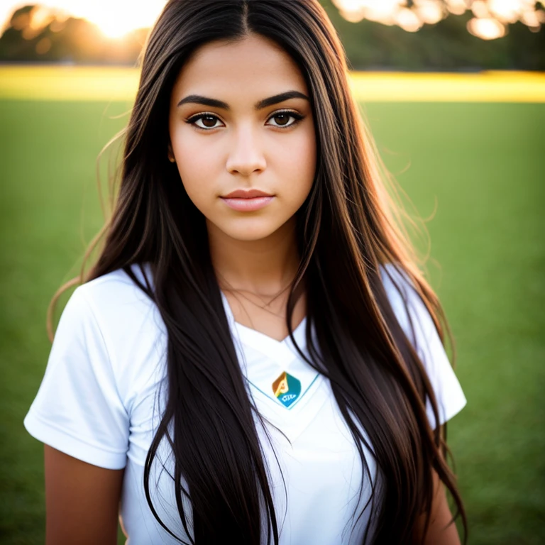 A photorealistic portrait of a 21-year-old colombian girl with long, flowing dark hair and striking dark eyes. She should have a natural, approachable expression and be illuminated by soft, golden-hour sunlight. The background should be a scenic outdoor setting, perhaps a sunlit park or beach. Capture this image with a high-resolution photograph using an 85mm lens for a flattering perspective. playing soccer