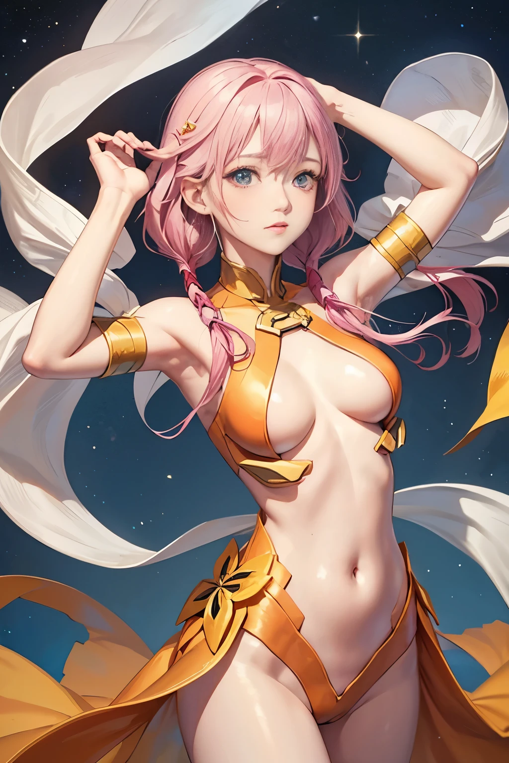 ((highest quality)), ((master piece)), (Super detailed:1.4),(32k images),(ultra high detailed breasts),best anime,sharpness,The best wallpapers,amazing depiction,golden ratio, Wind manipulation:1.5,Manipulation of light,(Perfect anatomy without destruction),(Accurate and detailed beautiful eyes,glossy eyes),(shiny hair:1.1,),(her face looks delicate and beautiful. her skin looks delicate and beautiful.),(Expressionless:1.2),slim body,slim belly, pink hair, tassel pigtails、white t-shirt、thin waist,belly button,The detailed breasts, detailed breasts, ((pointed nipples))、The shining white costume is divine々New,gemstone),full moon:1.1, Backgrounds with depth:1.3,hair ornaments,Starry sky, ((taking a photo from above))