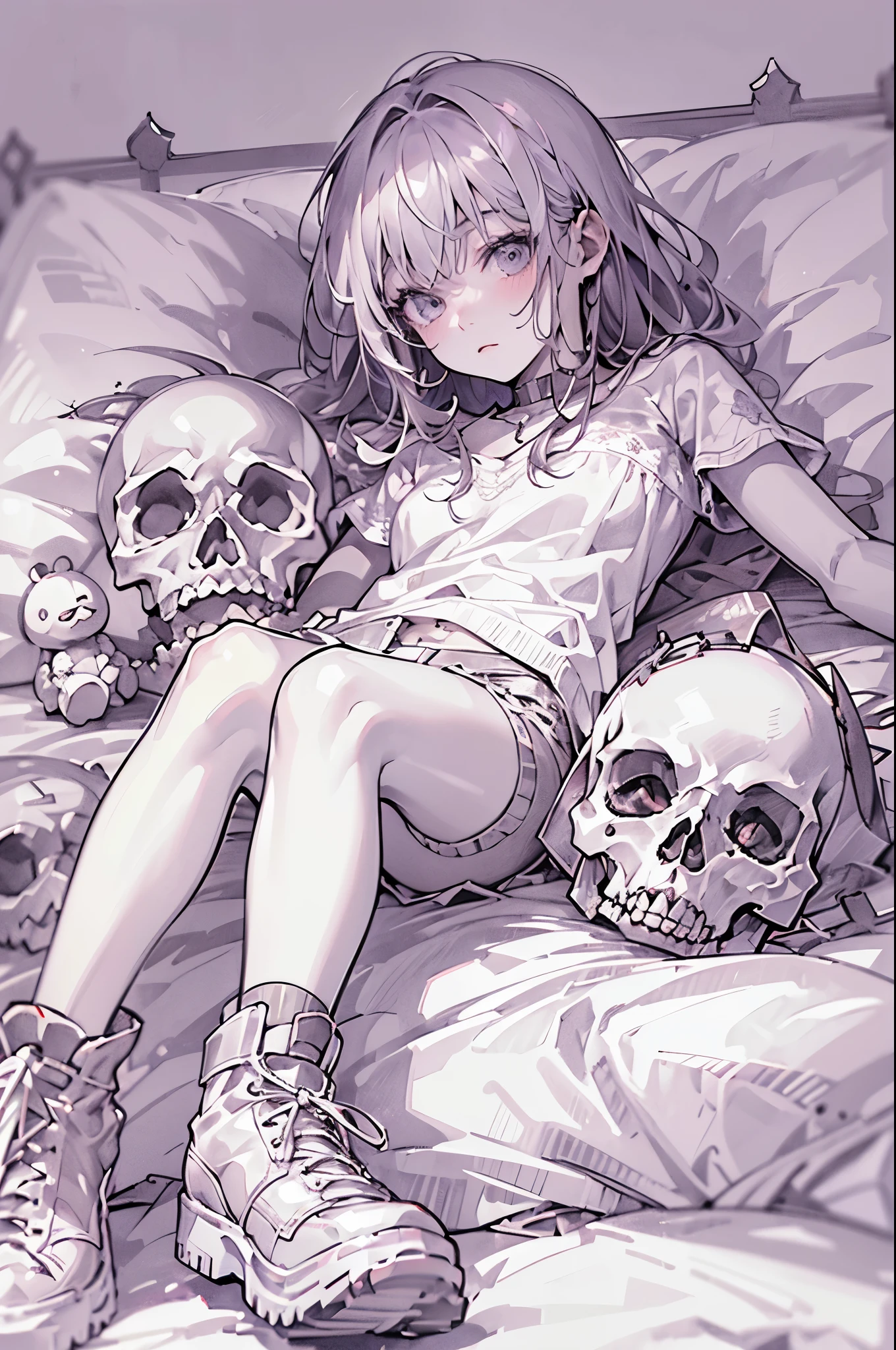 Drawing of a woman lying on a bed with a stuffed animal, monochrome artwork!!, 2 b, 2b, anime skull portrait woman, por Shitao, high quality sketch art, anime sketch, por Kamagurka, Arte Zerochan, line sketch!!, pencil and ink manga drawing, por Ei-Q, the anime girl is crouching