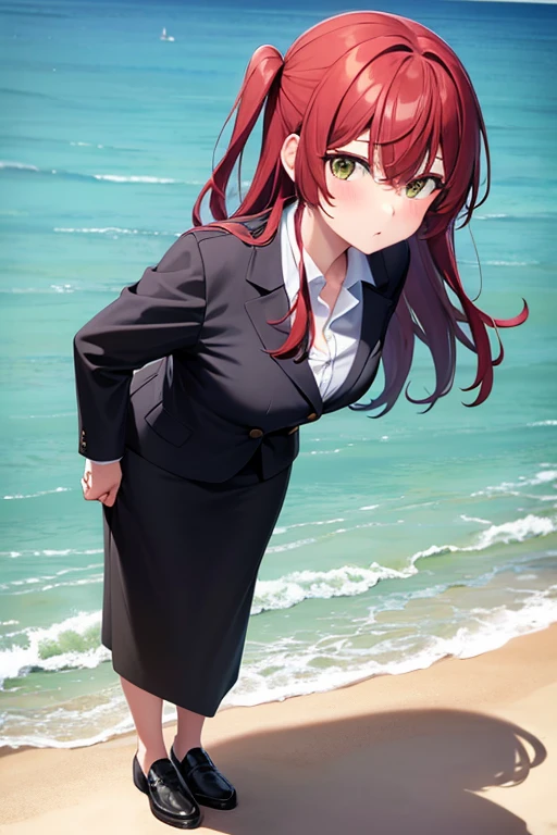 1girl, ikuyo kita, beach background, beach, suit, office lady, black skirt, black blazer, pencil skirt, skirt suit, medium length skirt, white shirt, collared shirt, long hair, teenager, looking at viewer, full body