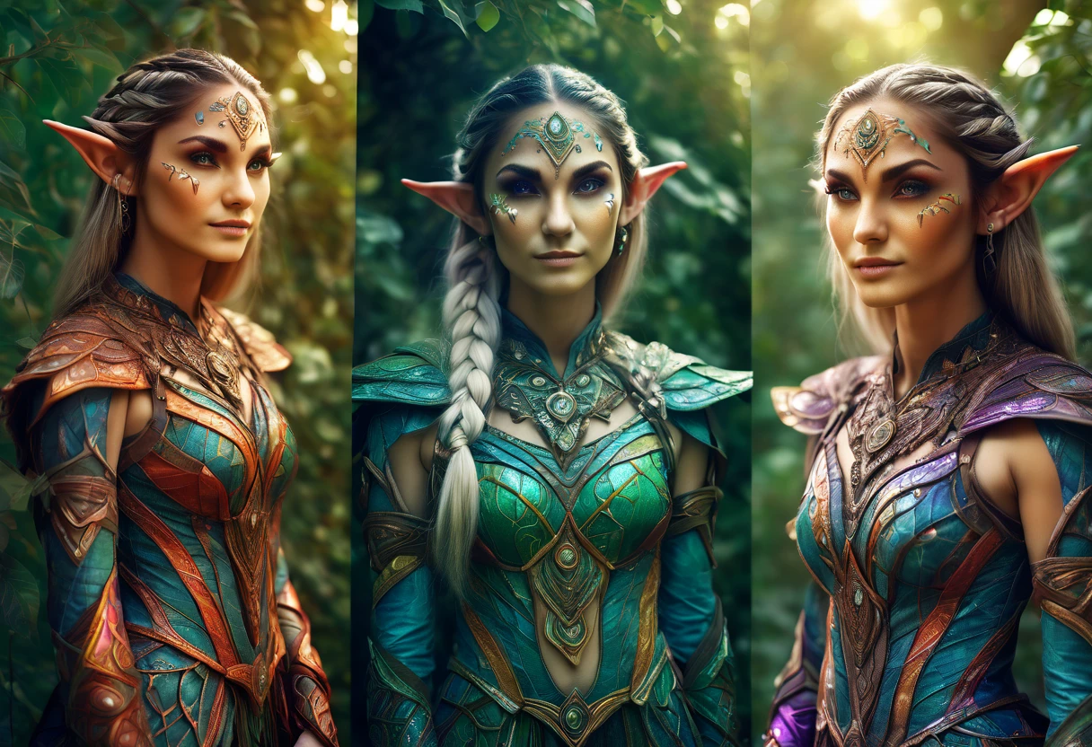 Marija. elf  full body portraits, fantasy art, detailed features, vibrant colors, magical lighting, three side view, 1 side potrait,2 side close, 3 side in the batlle, photo collage) film grain, detailed pores and wrinkles on the skin film grain, detailed pores and wrinkles on the skin, detailed elf village in backfround, full of stars sky, zentangle costume style, facing camera,