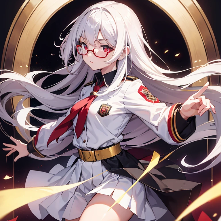 ,student uniform,long white hair,red pupils,golden-framed glasseoonlight,Dance