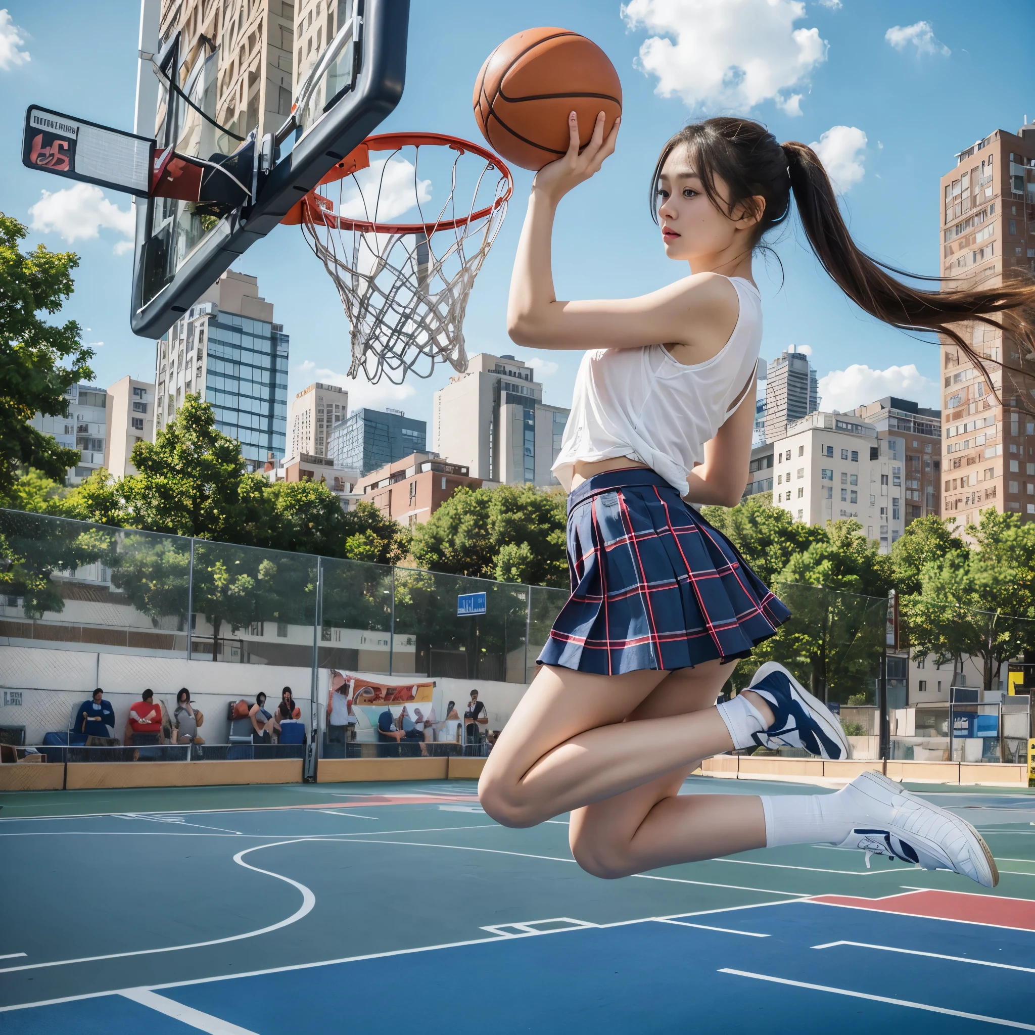 (RAW photo:1.2), (realistic), beautiful detailed girl, very detailed eyes and face, beautiful and detailed eyes, huge file size, High resolution, very detailed, highest quality, [table top:1.6], shape, very detailed, small details, highest quality, 8K Dende Wallpaper, movie lighting,-yeld hischool girl, Playing basketball,  Jump high in the sky, hit a dunk shot、High school uniform is torn, white lace bra, serious expression, Bra straps are out of place, I can see my underwear.,  The skirt of my uniform was torn.,  I can see white cotton pants,slim body, young face, small breasts, Outdoor basketball court, A shot full of dynamism