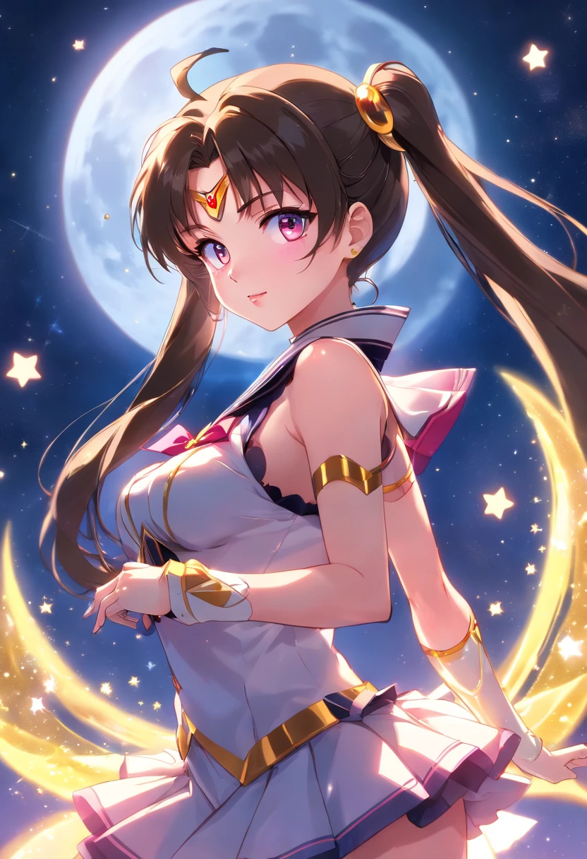 sailor moon, realistic, 1 girl, (Magical girl:1.4), dark brown long hair, (Gold Opal Eyes), (crystallization, Sparkling bokeh), (gothic:1.4)style transparent sailor scout uniform, (big breasts:1.25), cleavage, wide hips, small waist, tanned skin, clavicle, parted lips, compensate, blush, shiny skin, night, reflection, full moon, moonlight, Rose,orgasm,ecstasy,exposing a nipple