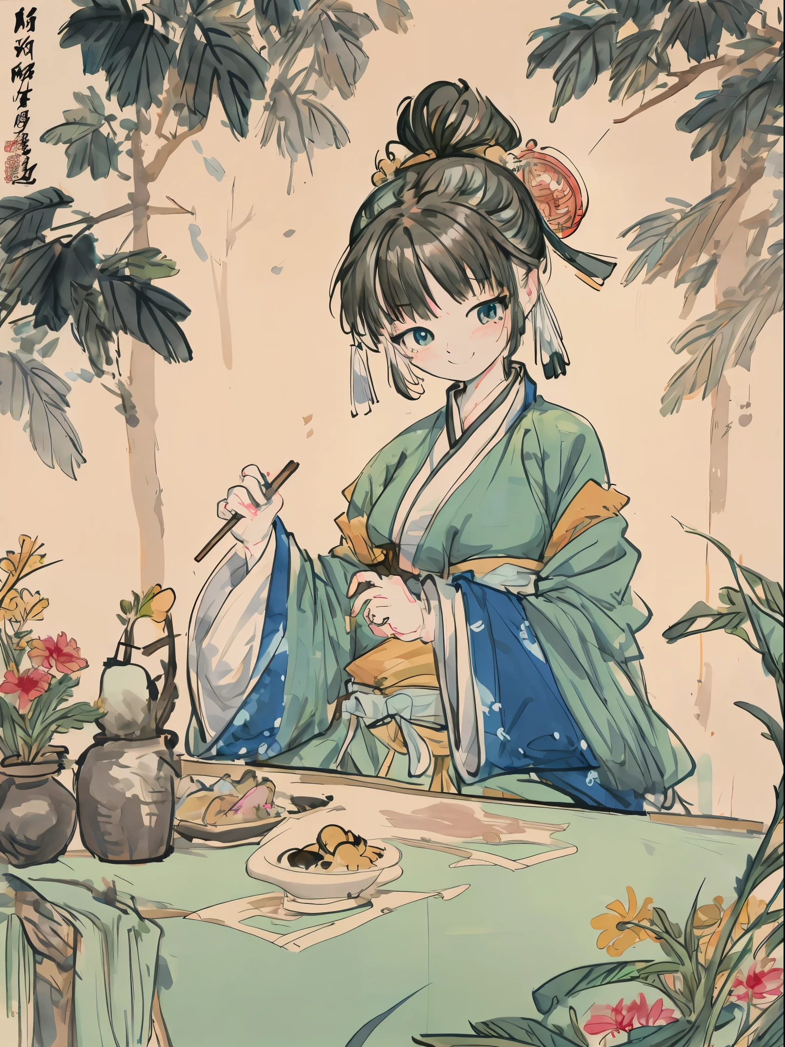 a close up of a full colour painting of people in a landscape, ancient chinese beauties, qing dynasty painting, by Wang Lü, su fu, mu pan, by Lü Ji, song dynasty, ancient china art style, chinese painting, robed figures sat around a table, by Wang Hui, by Yun Du-seo, old chines painting, traditional chinese painting,
