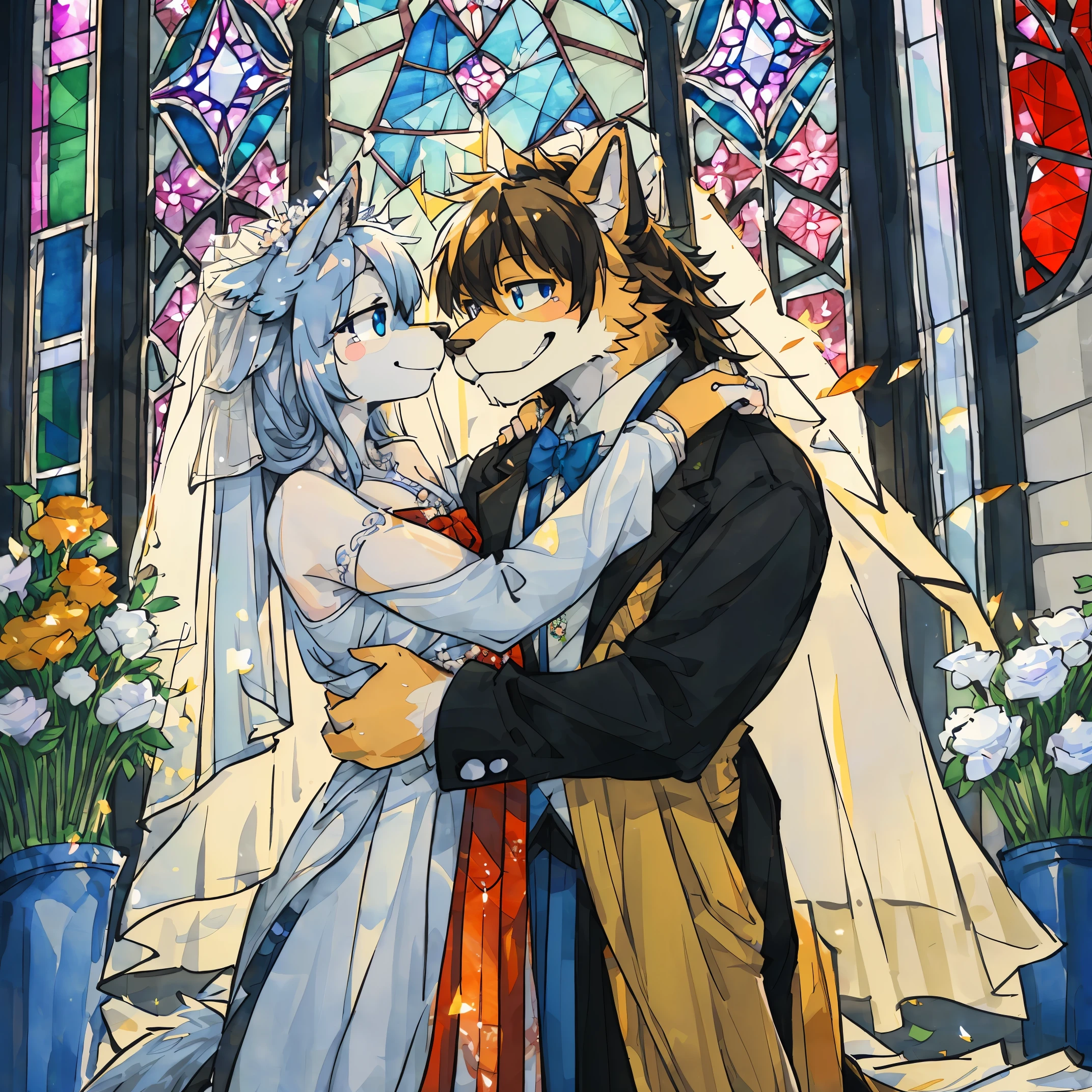 Top quality, ultra-fine illustrations(associations, colorful stained glass with shimmering light, kaleidoscope, wedding aisles lined with jewel-like lamps)(very detailed and beautiful faces, very detailed and beautiful eyes, eyes with lively brilliance)absurdres, perfect anatomy(angelic cute 1girl, kemono, angelic handsome 1boy, couple)(happy wedding, husband in tuxedo, beastman wife in wedding dress, husband hugging wife's shoulders, Two people staring at each other and smiling, wedding photo, bouquet of beautiful flowers, shining wedding ring on ring finger)(furry anthro:1.7)(furry body, animal face features, animal body features)(very detailed fur)full body, smile, kiss (dynamic pose),