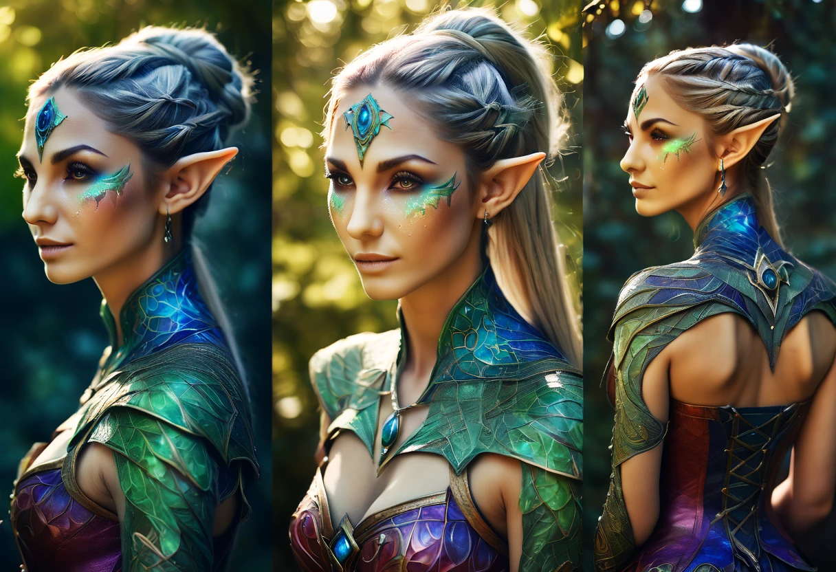 Marija. elf  full body portraits, fantasy art, detailed features, vibrant colors, magical lighting, three side view, 1 side potrait,2 side close, 3 side in the batlle, photo collage) film grain, detailed pores and wrinkles on the skin film grain, detailed pores and wrinkles on the skin, detailed elf village in backfround, full of stars sky, zentangle costume style, facing camera, front side, back side,