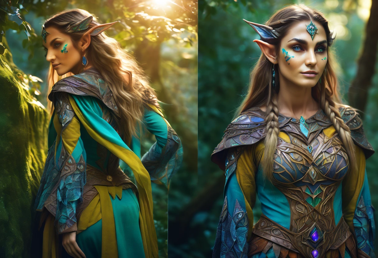 Marija. elf  full body portraits, fantasy art, detailed features, vibrant colors, magical lighting, three side view, 1 side potrait,2 side close, 3 side in the batlle, photo collage) film grain, detailed pores and wrinkles on the skin film grain, detailed pores and wrinkles on the skin, detailed elf village in backfround, full of stars sky, zentangle costume style, facing camera, front side, back side,
