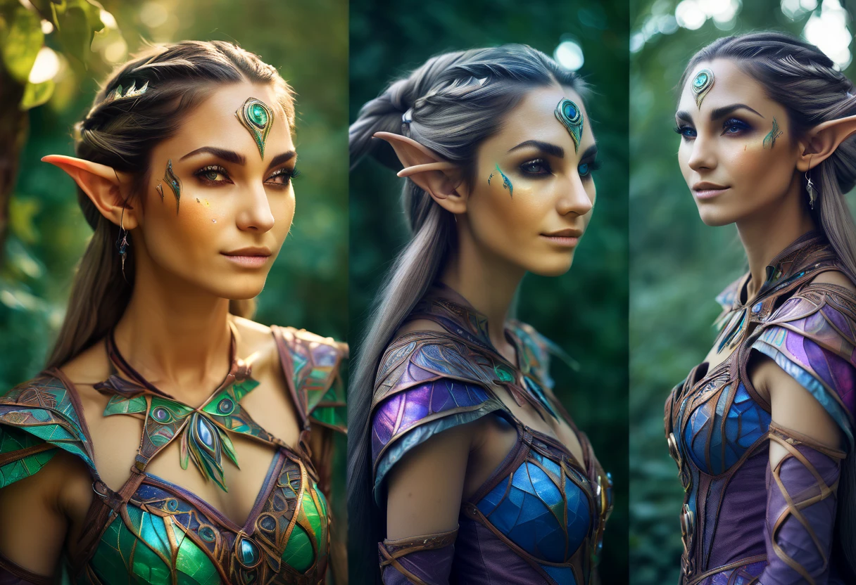 Marija. elf  full body portraits, fantasy art, detailed features, vibrant colors, magical lighting, three side view, 1 side potrait,2 side close, 3 side in the batlle, photo collage) film grain, detailed pores and wrinkles on the skin film grain, detailed pores and wrinkles on the skin, detailed elf village in backfround, full of stars sky, zentangle costume style, facing camera, front side, back side,