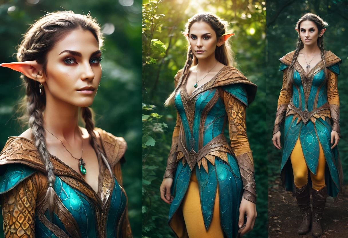 Marija. elf  full body portraits, fantasy art, detailed features, vibrant colors, magical lighting, three side view, 1 side potrait,2 side close, 3 side in the batlle, photo collage) film grain, detailed pores and wrinkles on the skin film grain, detailed pores and wrinkles on the skin, detailed elf village in backfround, full of stars sky, zentangle costume style, facing camera, front side, back side,