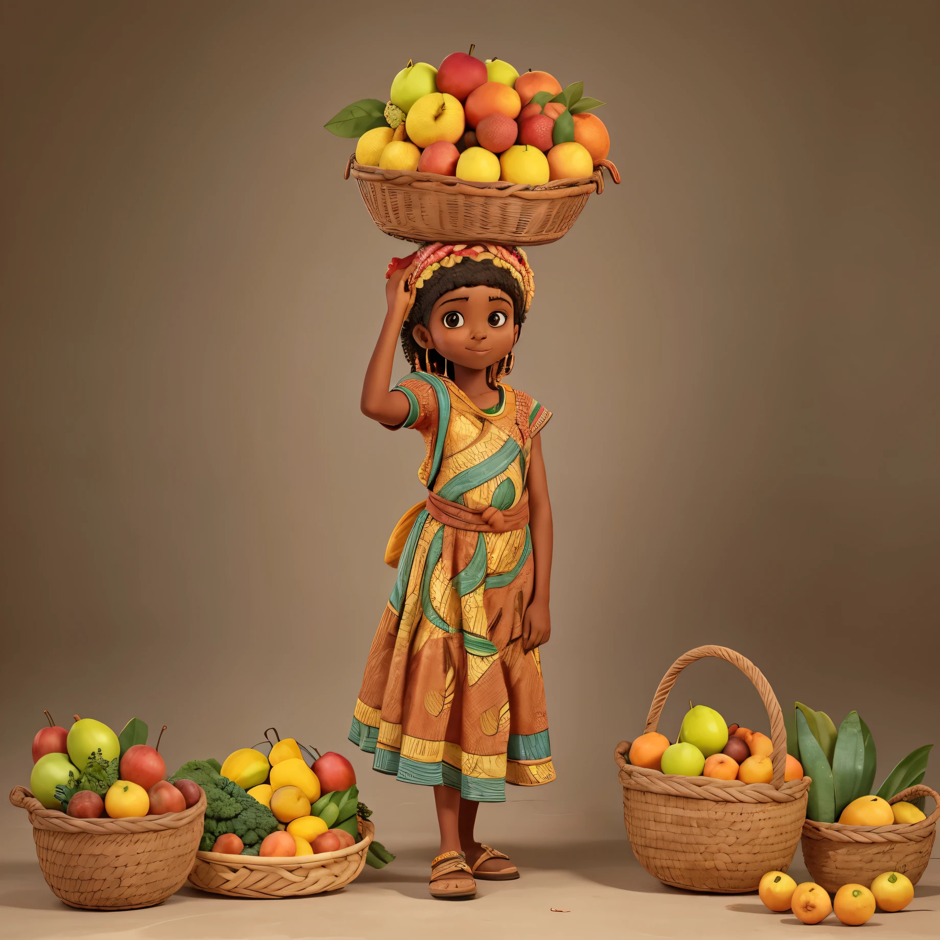 African girl carry a mixed basket of fruit on her head, full body lenght portrait, no background.