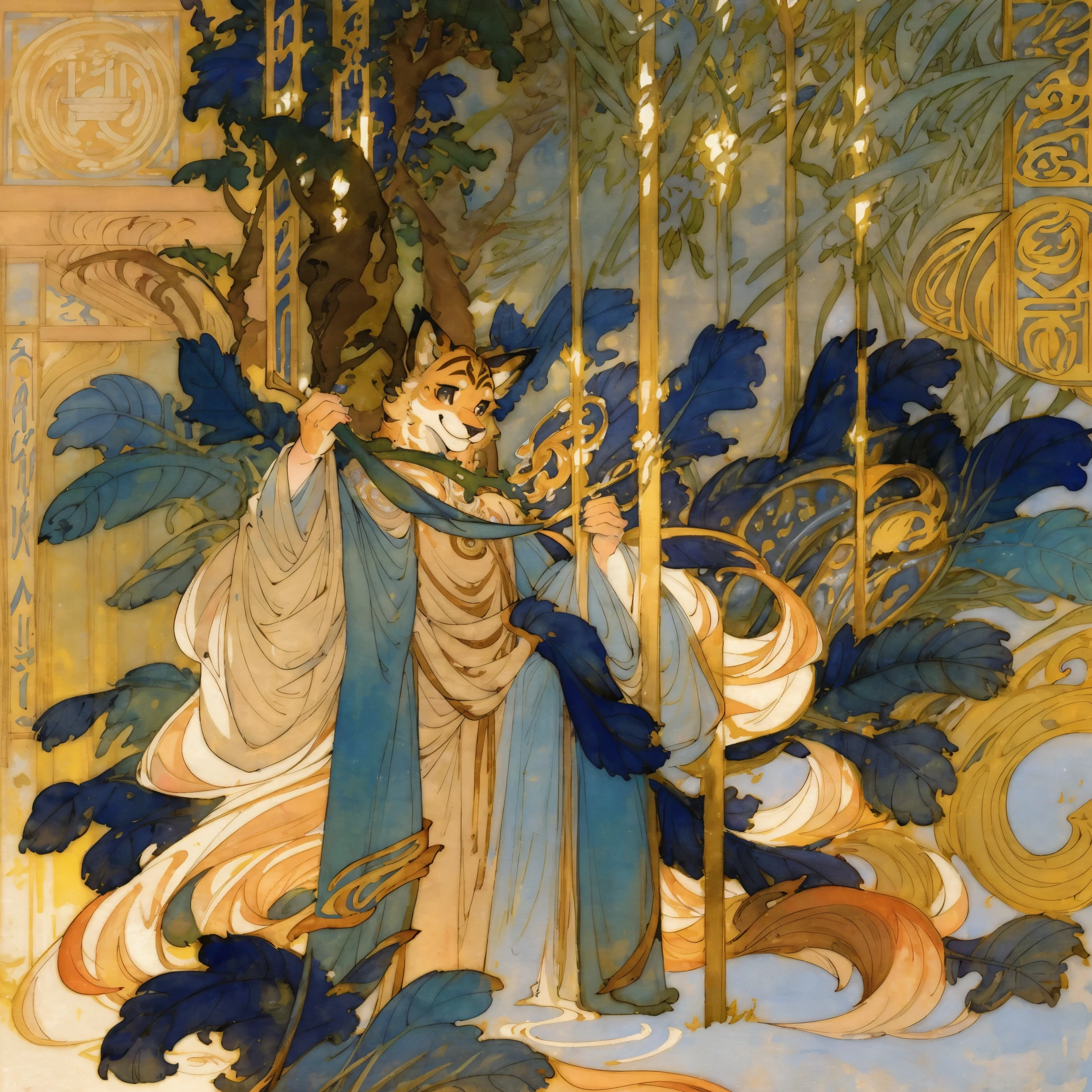 cover page, highres, top quality, best quality, paid reward available, unparalleled masterpiece, perfect artwork, absurdres, High-quality illustrations by Alphonse Mucha, art nouveau, Delicate and elegant linework, flowing hair, Flowing Dresses, Curvilinear lines, Decoration with plant motifs, Geometric decoration, Poetic atmosphere, Rich colors, Dreamy, mystical, Tarot Card(In the forest where the stream flows, Backlighting)perfect anatomy(Furry, Solo focus, Dress, Long Globe)(furry anthro:1.7)((8furry body, Facial features of animals, Features of the animal's body)))All over body, Archaic Smile (portrait),