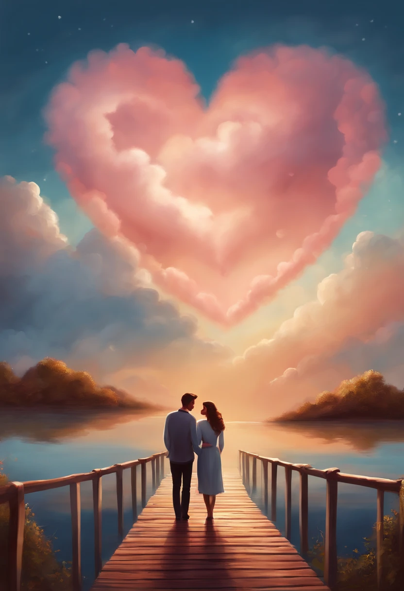 High resolution, masterpiece, Anatomically correct, 最high quality, Winner of numerous awards, Very detailed, high quality, Endless sandy beach、Heart shaped cloud、Couple sitting side by side、