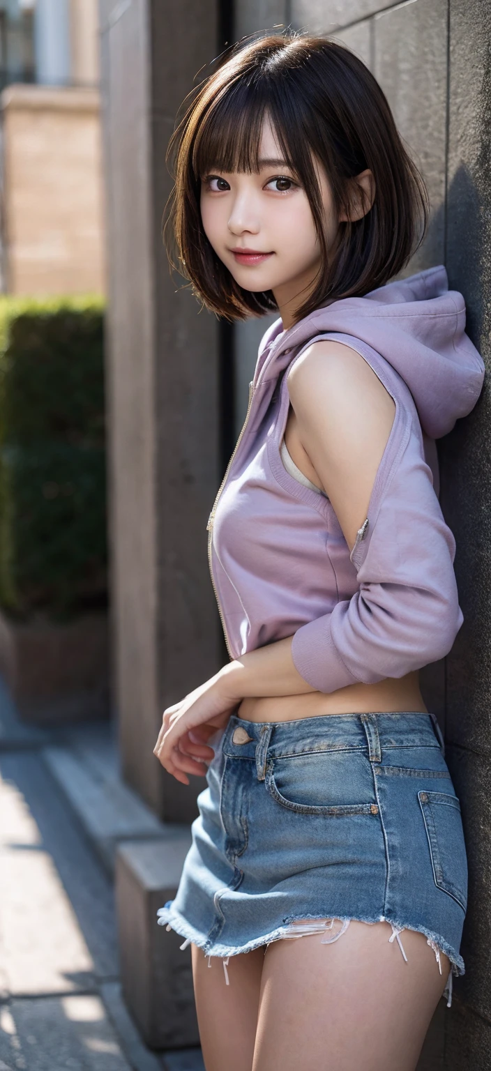 from below, looking at camera, naked body, purple hoodie with zipper and low-rise denim miniskirt, skirt lift show panties, kiss face, idol face, handsome face, blur the background, bob cut, huge boobs, ,  In addition, smile, masterpiece, highest quality, RAW photo, realistic, beautiful girl, cute, short hair, Depth of written boundary, High resolution, Super detailed, small details, very detailed, very detailedな目と顔, sharp pupils, cinematic lighting