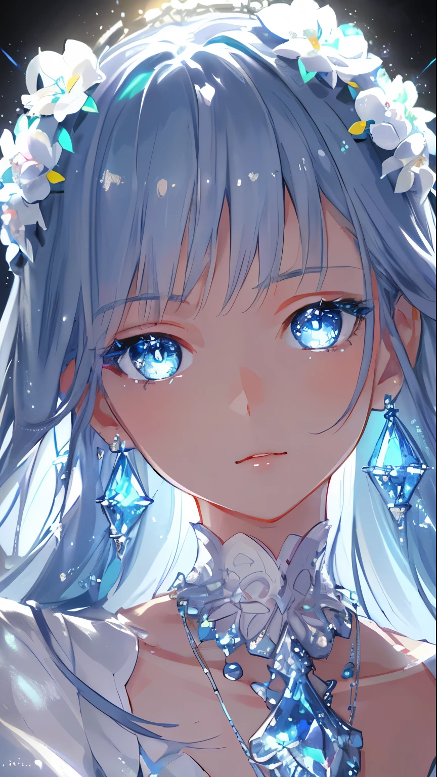 masterpiece, best quality, illustration, sax blue, platinum earrings, platinum necklace, white dress, 1girl, cute, (dynamic lighting:1.2), cinematic lighting, delicate facial features, detailed eyes, sharp pupils, realistic pupils, depth of field, bokeh, sharp focus, (hyper-detailed, bloom, glow:1.4), many small gems