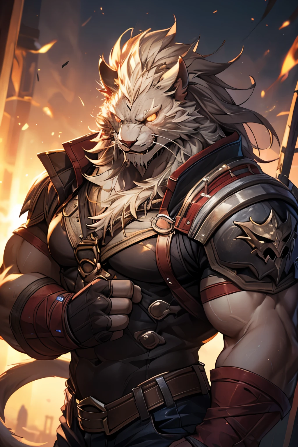 masterpiece,best quality,studio lighting,confident pose,glowing eyes,perfect face,perfect hands,detailed nose, detailed eyes,realistic colors,Rengar,male,feline,wild,cowboy shot