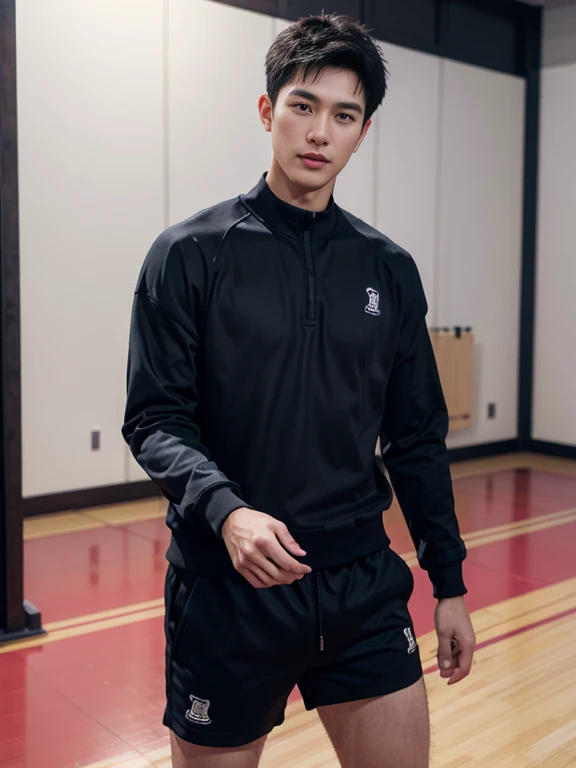 highest quality、masterpiece、A high resolution、hyperrealism、((Full Body Shot))、detailed face、solo、1people's men、black hair、glowing skin、dense skin、(Asian)、日本people's men、((((beardless face))))、(High resolution、super detailed)、1 male、(20 year old male)、Handsome、Plain face、Salt face、tall man、short hair、Bangs should be pulled down、Face-length contours、Soft cheeks、Black eyebrows、Fair skin、 CG Unity 8K、intricate details、detailed background、detailed face、Handsome、cool look、wearing purple tracksuit、(mens short bottoms、thin body hair)、During dance practice、bright practice room、Idol trainee、Dancing、sweaty skin