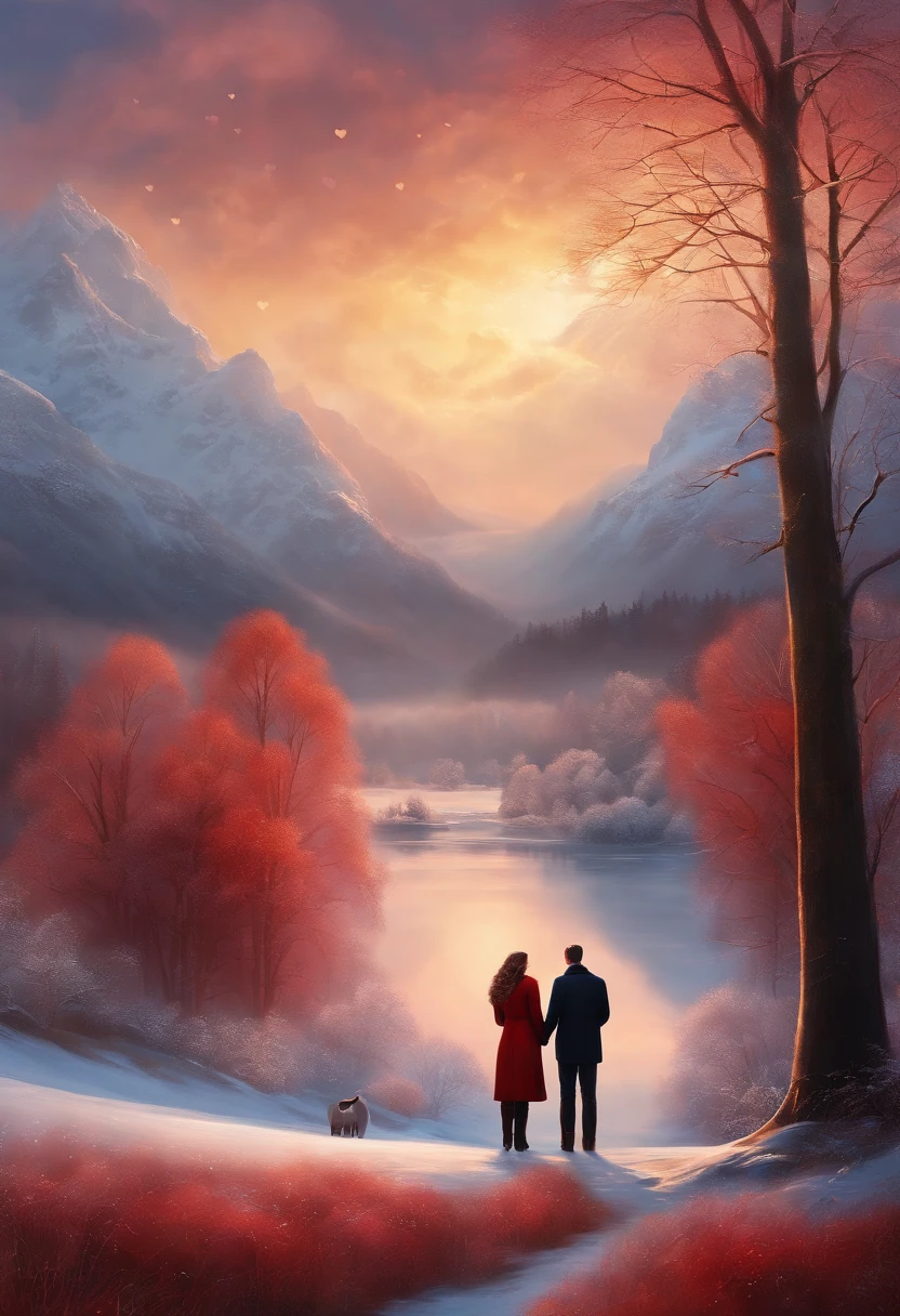 Image showing a scene of a couple looking at heart shaped clouds, winter landscape, Valentine's Day, romantic, a charming digital painting