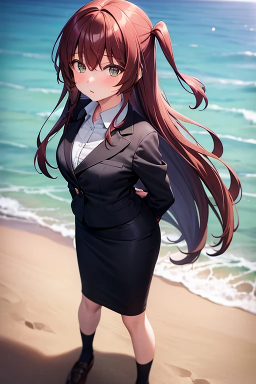 1girl, ikuyo kita, beach background, beach, suit, office lady, black skirt, black blazer, pencil skirt, skirt suit, medium length skirt, white shirt, collared shirt, long hair, ager, looking at viewer, full body