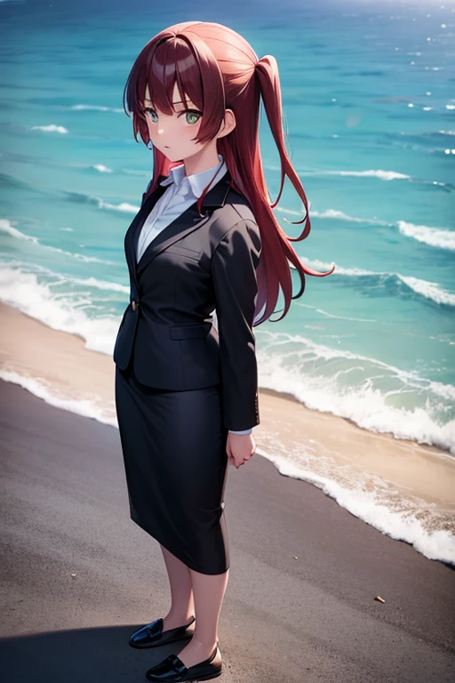 1girl, ikuyo kita, beach background, beach, suit, office lady, black skirt, black blazer, pencil skirt, skirt suit, medium length skirt, white shirt, collared shirt, long hair, teenager, looking at viewer, full body