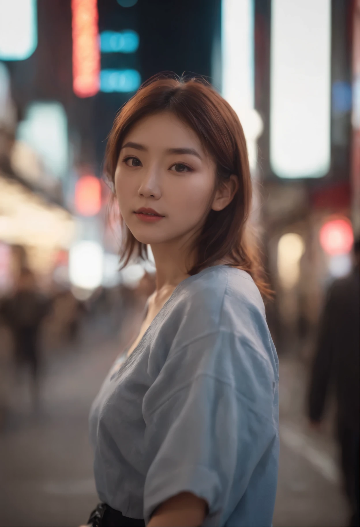 japanese girl, Dress in streetwear, Downtown Shinjuku, Shining neon lights in the background, at night, Real Woman, 85mm only