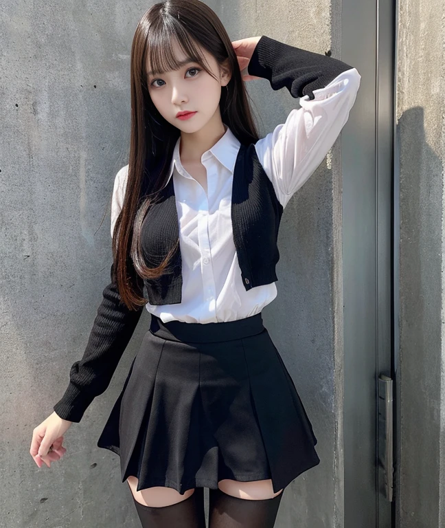 (master piece、reality、Raw photo、8k)、mini skirt、Black Pantyhose、detailed eyes、detailed mouth、detailed limbs