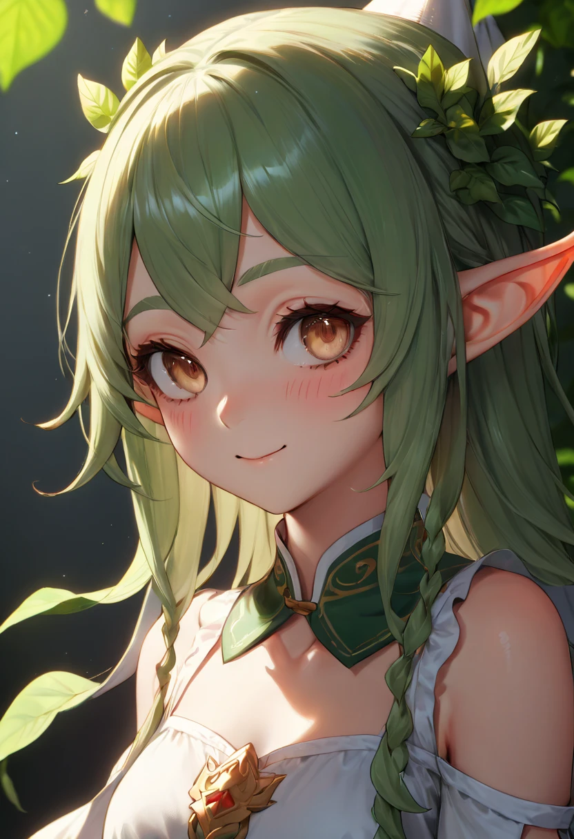 ultra detailed elf, girl, portlate, upper body, (smile:0.6), (embarrassed), bailong plant girl, BREAK high quality render, absurdres, ultra realistic shadows, 8k