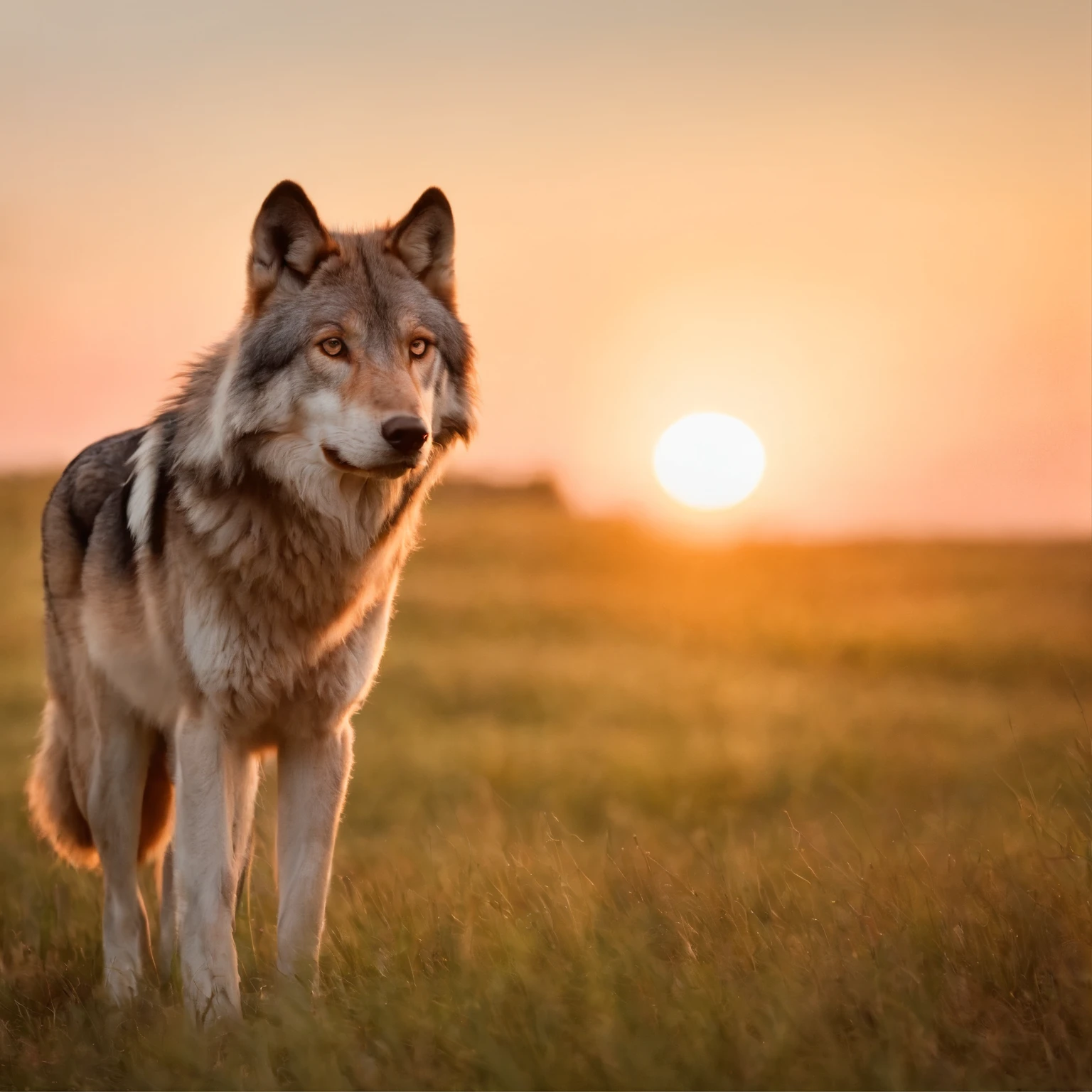 Lone wolf,grassy fields,the sunset