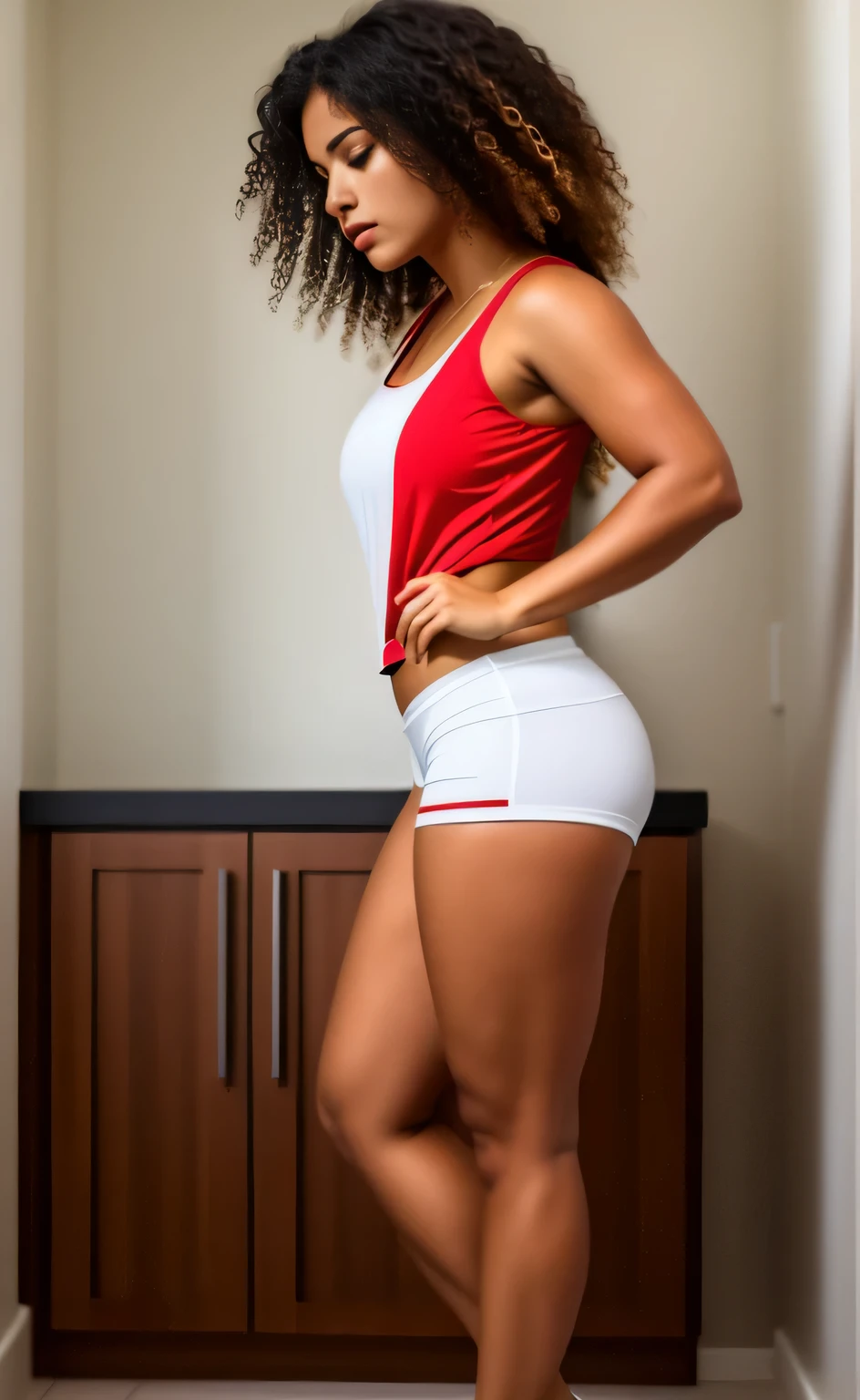 tem uma brasileira de 30 anos, vestindo uma blusa vermelha e shorts brancos, posando para uma foto, espesso thighs, espesso, espesso thigs, Em uma pose lateral, espesso legs, Pelo lado, perfil do lado direito, foto de perfil lateral, traje apertado, vista lateral, full body visible, vista lateral, coxas expostas!!!, tiro do lado, foto de corpo inteiro, espesso legs, foto lateral, alta qualidade, high resolution, 8k.