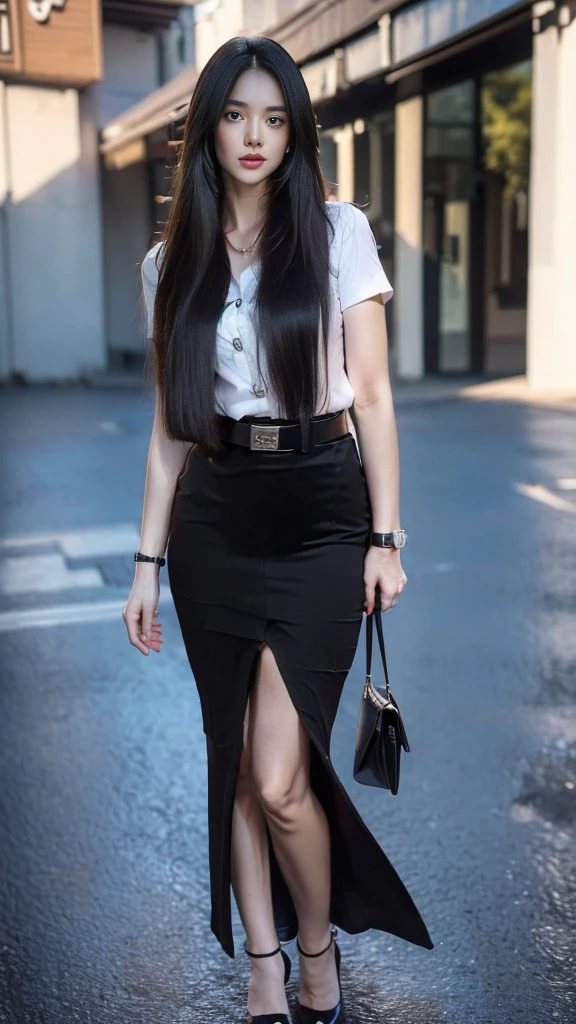 ผู้หญิงญี่ปุ่นที่charming, charming, charmingน่าหลงใหล, ((black hair, long hair long hairมาก, long hairตรง, long hair, The wind is blowing)), ((Beautiful Woman, The texture is realistic., elegant, big girl, dynamic gesture)), ((white short sleeve shirt The shirt is thin and the skin is visible., The chest is clearly visible., Seeing the chest mound., You will see a pile of milk.)), ((Black pencil skirt, Black pencil skirtพร้อมเข็มขัดผู้หญิง, short skirt, Black leather skirt with women&#39;s belt)), ((Symmetrical shape, sexy figure)), ((The heel is completely black., earring, Put on a watch, women&#39;s jewelry)), ((full body photo, Look at every part of the body.)), ((university backdrop))