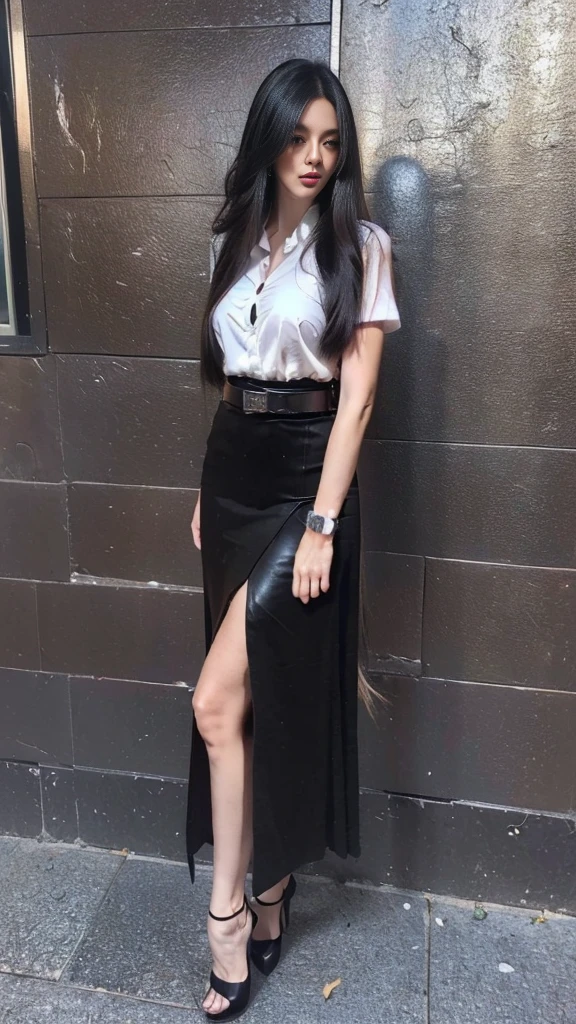 ผู้หญิงญี่ปุ่นที่charming, charming, charmingน่าหลงใหล, ((black hair, long hair long hairมาก, long hairตรง, long hair, The wind is blowing)), ((Beautiful Woman, The texture is realistic., elegant, big girl, dynamic gesture)), ((white short sleeve shirt The shirt is thin and the skin is visible., The chest is clearly visible., Seeing the chest mound., You will see a pile of milk.)), ((Black pencil skirt, Black pencil skirtพร้อมเข็มขัดผู้หญิง, short skirt, Black leather skirt with women&#39;s belt)), ((Symmetrical shape, sexy figure)), ((The heel is completely black., earring, Put on a watch, women&#39;s jewelry)), ((full body photo, Look at every part of the body.)), ((university backdrop))