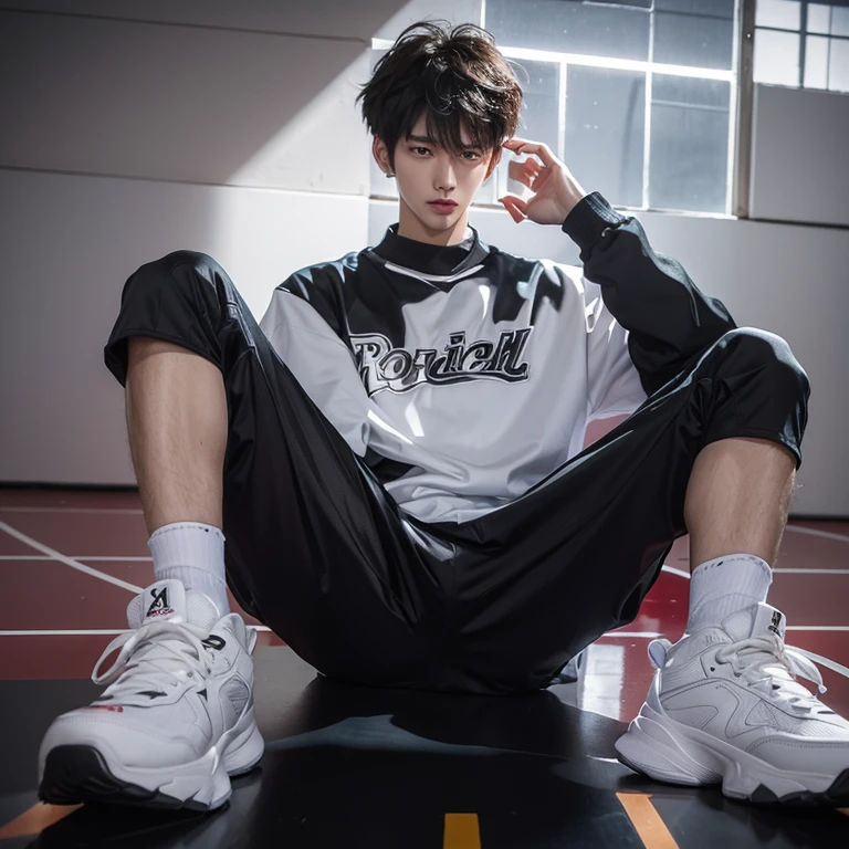 1 Korean Youth，male，20 years old，High，Height 180 cm，Hair of medium length，Black sweatshirt，black long pants，Red and white high top basketball shoes，White sport socks，Sit on the basketball court，，Badass anime 4k ，POV perspective，proudly，cold，looking at camera，