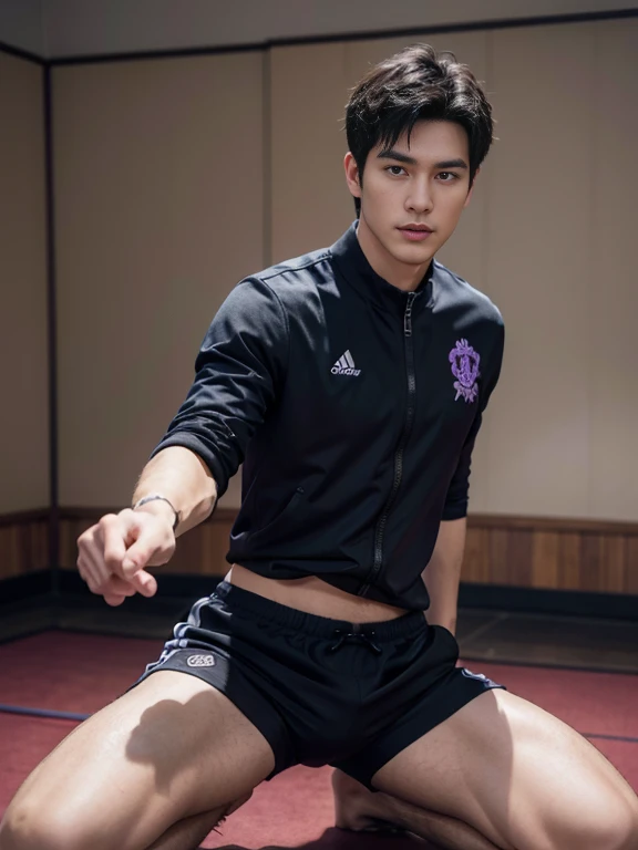 ((((beardless face))))、highest quality、masterpiece、A high resolution、hyperrealism、((Full Body Shot))、detailed face、solo、1people's men、black hair、glowing skin、dense skin、(Asian)、日本people's men、(High resolution、super detailed)、1 male、(20 year old male)、Handsome、Plain face、Salt face、tall man、short hair、Bangs should be pulled down、Face-length contours、Soft cheeks、Black eyebrows、Fair skin、 CG Unity 8K、intricate details、detailed background、detailed face、Handsome、cool look、wearing purple tracksuit、(mens short bottoms、thin body hair)、During dance practice、bright practice room、Idol trainee、Dancing、sweaty skin、Jumpy