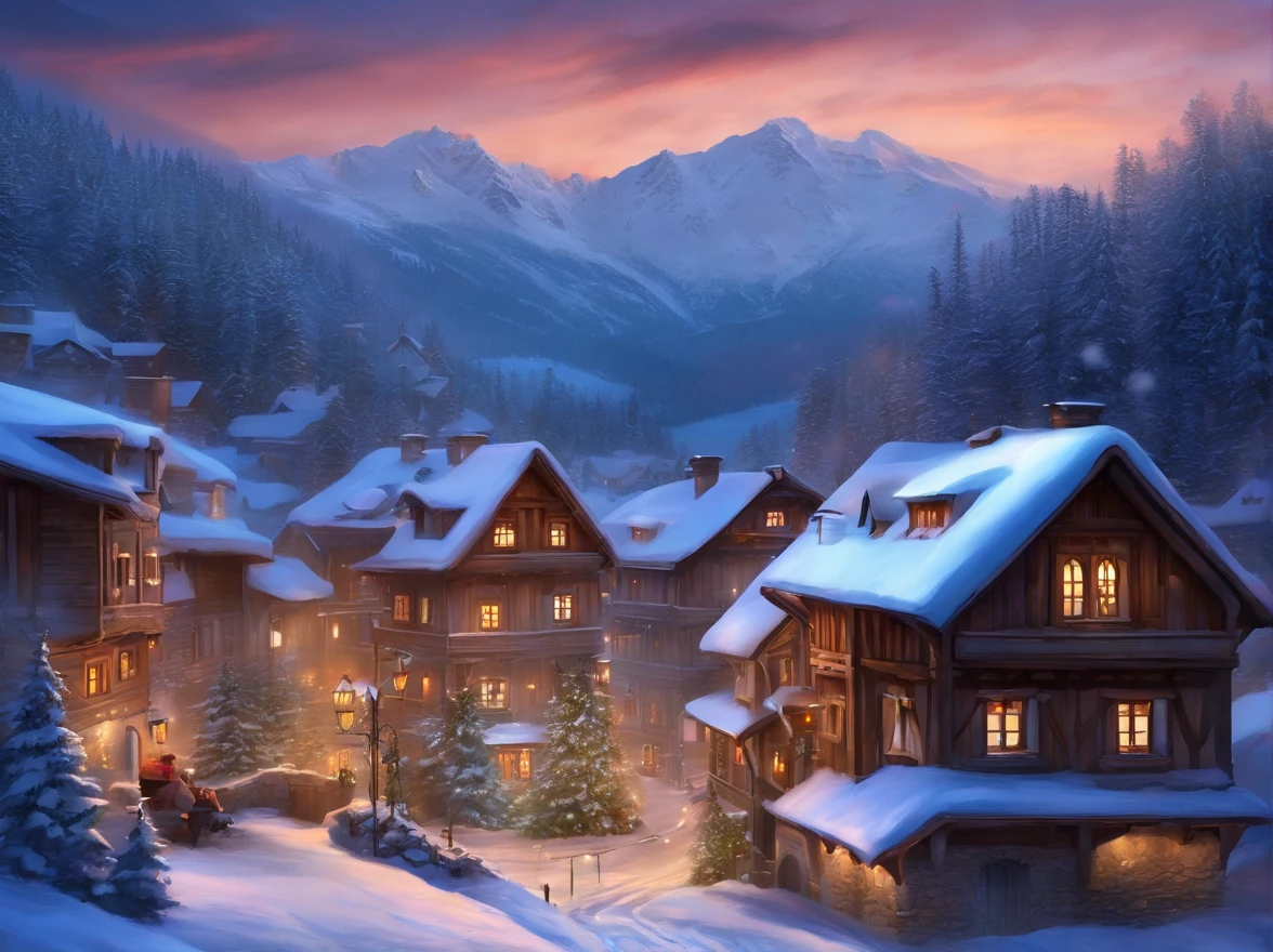 Digital painting depicting a charming alpine village blanketed in snow during the twilight hours