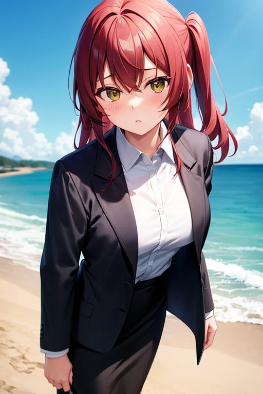 1girl, ikuyo kita, beach background, beach, suit, office lady, black skirt, black blazer, pencil skirt, skirt suit, medium length skirt, white shirt, collared shirt, long hair, teenager, looking at viewer, full body