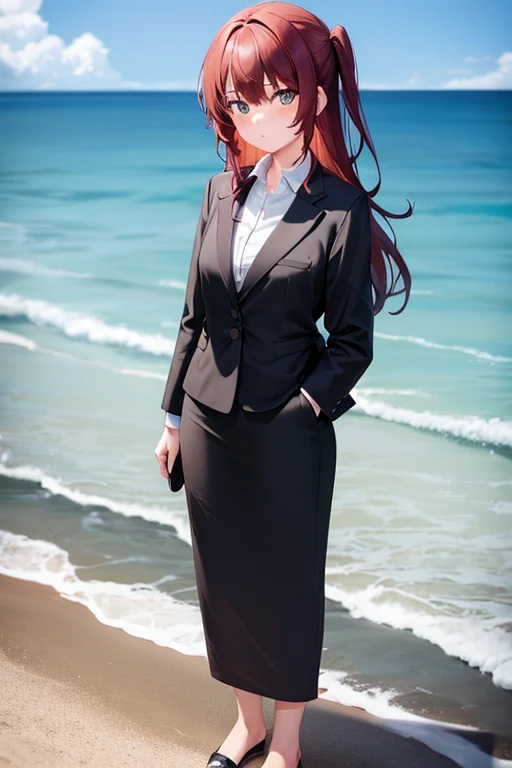 1girl, ikuyo kita, beach background, beach, suit, office lady, black skirt, black blazer, pencil skirt, skirt suit, medium length skirt, white shirt, collared shirt, long hair, teenager, looking at viewer, full body