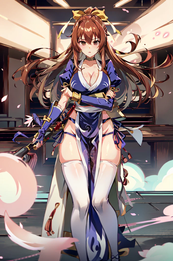 (masutepiece, Best Quality:1.3)
Kashid, 1girl in, Solo, Long hair, breasts, Looking at Viewer, Bangs, Large breasts, Brown hair, thighs thighs thighs thighs, Dress, bow ribbon, cleavage, Brown eyes, medium breasts, Underwear, 直立, Panties, hair bow ribbon, braid, Short sleeves, Cowboy Shot, Puffy sleeves, white thighs thighs thighs thighs, Puffy Short Sleeves, Lips, sash, pelvis curtain, yellow bow ribbon, Realistic, Nose, arm guards, (Inside the futuristic base),hypnoLora,
(empty gaze posture:1.4)