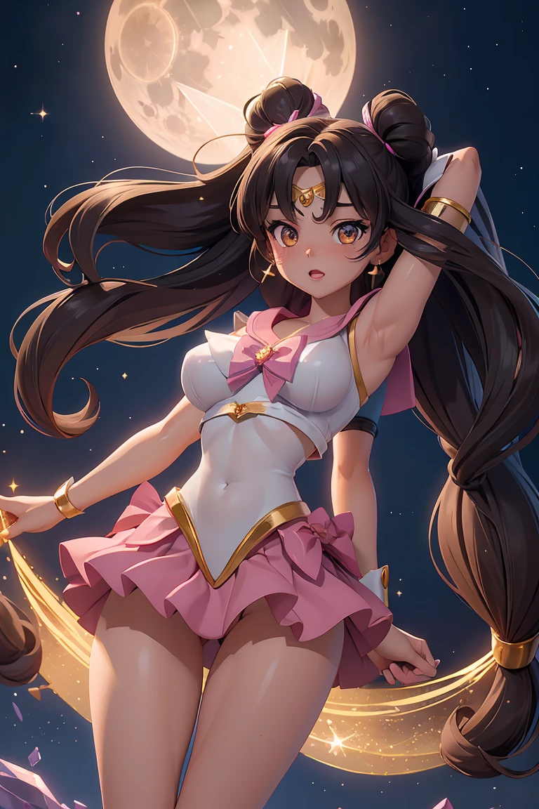 full nude,exposure of skin,Tsukino Usagi,sailor moon, 1 girl, (Magical girl:1.4), dark brown long hair, (Gold Opal Eyes), (crystallization, Sparkling bokeh), Transparent sailor scout uniform, (big breasts:1.25), cleavage, wide hips, small waist, tanned skin, clavicle, parted lips, compensate, blush, shiny skin, night, reflection, full moon, moonlight, Rose,orgasm,ecstasy,exposing a nipple